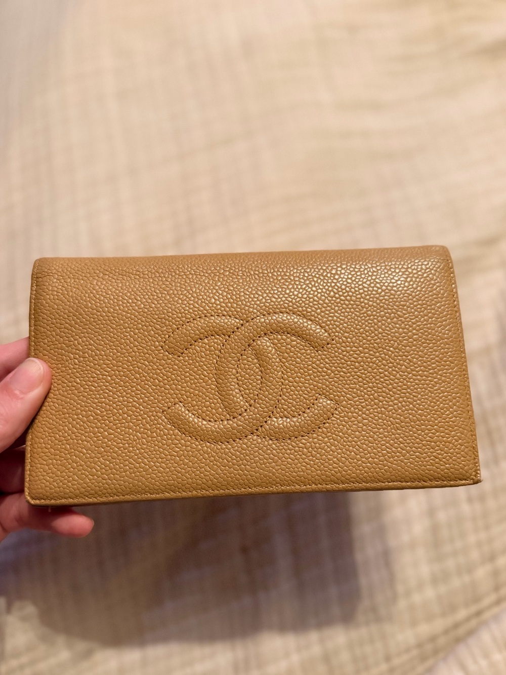 CHANEL Camel Pebbled Leather Continental Wallet with Embossed CC